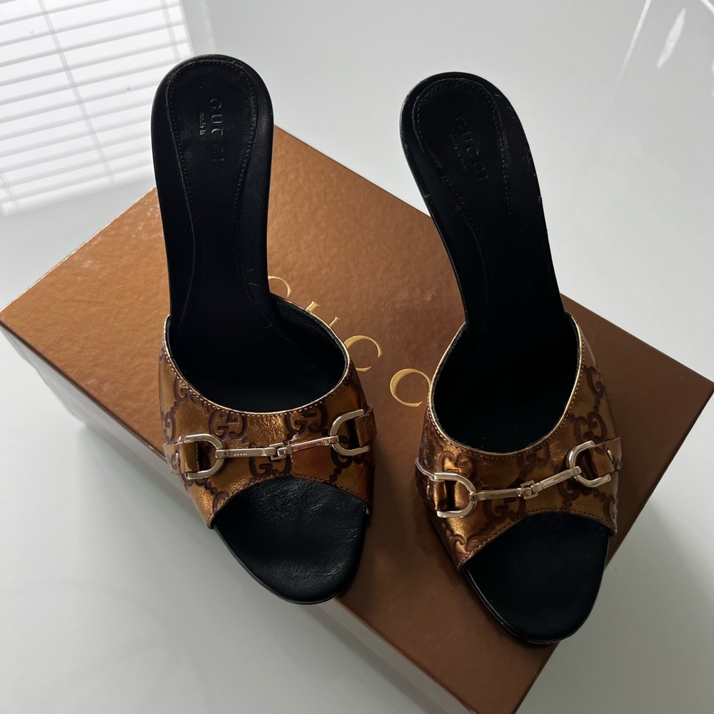 Gucci Guccissima Gold Star Kitten Heel Slide 36.5